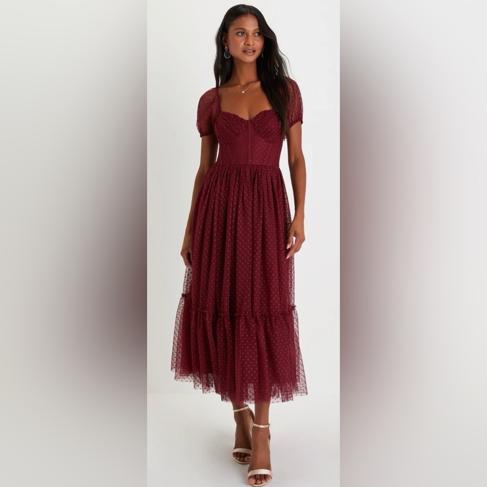 Lulus Sweet Amor Burgundy Tulle Swiss Dot Tiered Bustier Midi Dress
